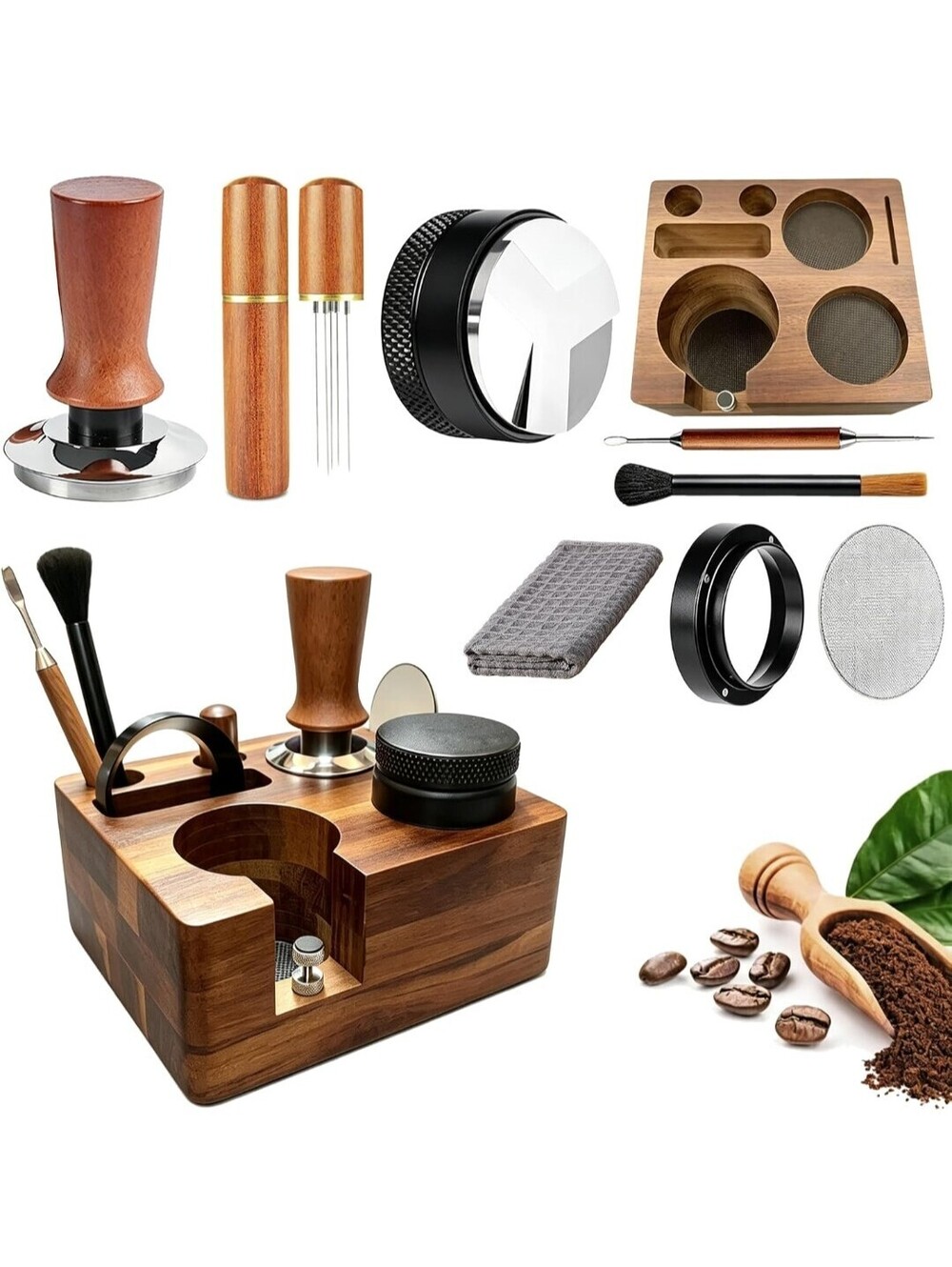 58mm Espresso Accessories Kit 9PCS with Wood Tamping Station & Barista Tools